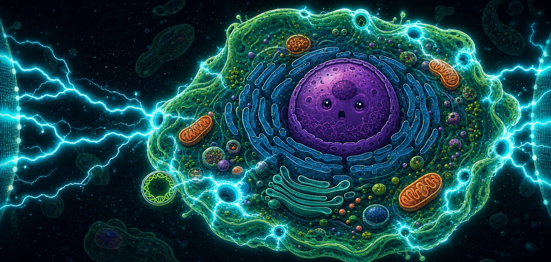 Cartoon cell during electroporation with electric arcs and a GFP plasmid crossing temporary membrane pores