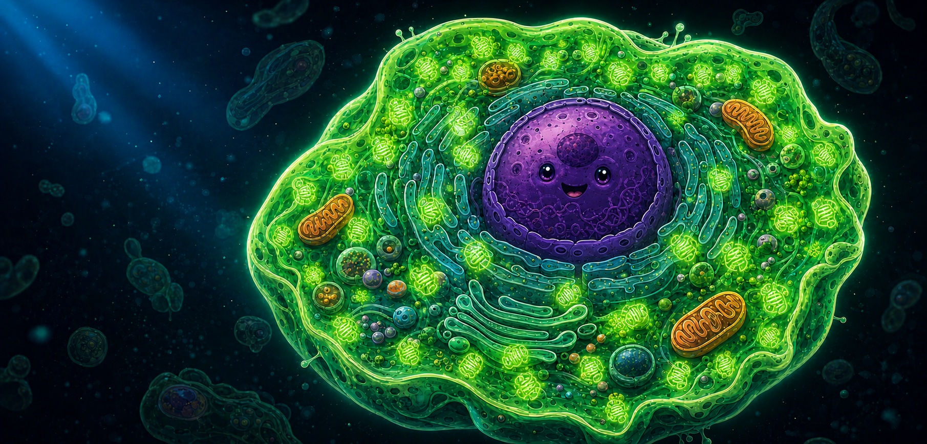 Happy transformed cartoon cell glowing bright green with many folded GFP proteins distributed throughout its cytoplasm